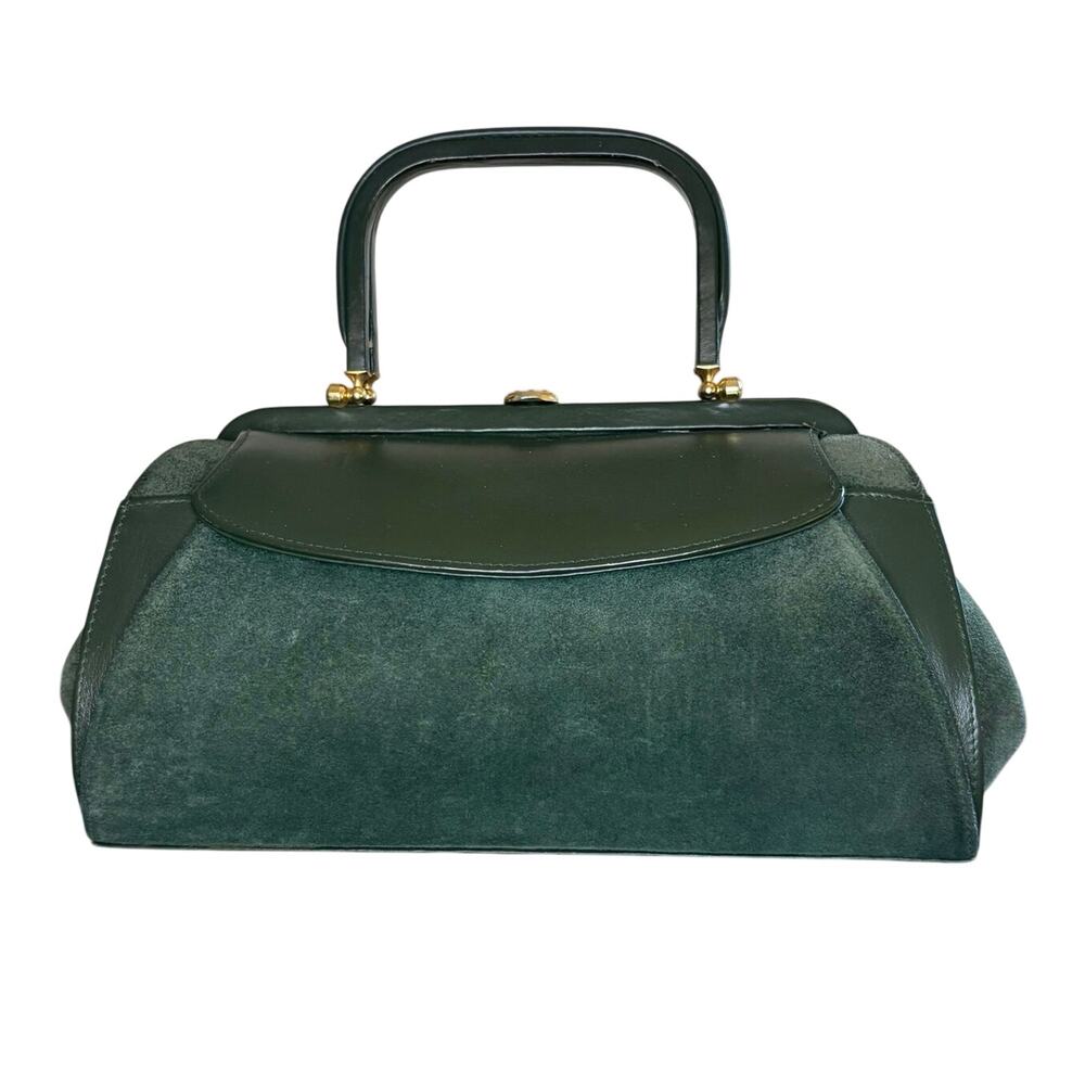 Vintage Suede Doctors Bag Top Handle Satchel Olive Green Gold Hardware